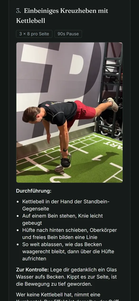 Einbeiniges Kreuzheben mit Kettlebell: Video, Durchführung und Hinweis zur Kontrolle.